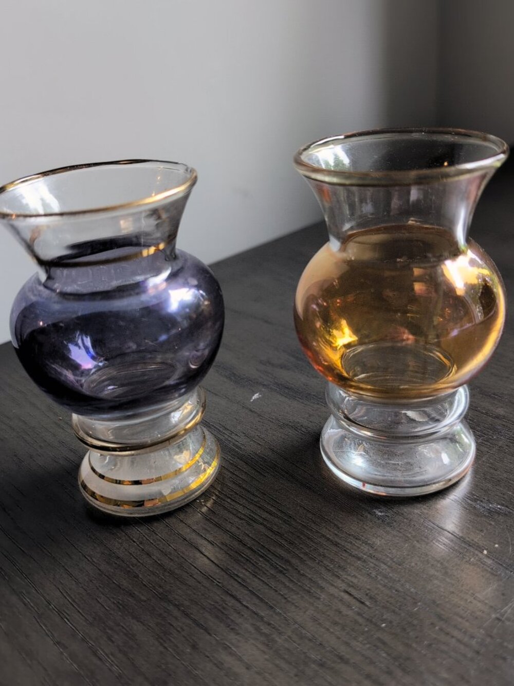 Pair of 2 Vintage Bartlett Collins Bud Vases 1950’s Blue + Yellow Gold Trim 4"